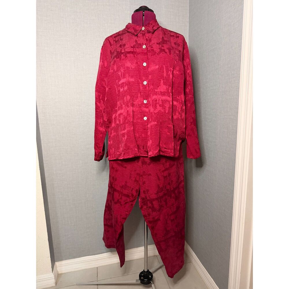 Vintage Chico's Design Red Silk Linen Jacquard Matching Set 3 XL Lagenlook Boho